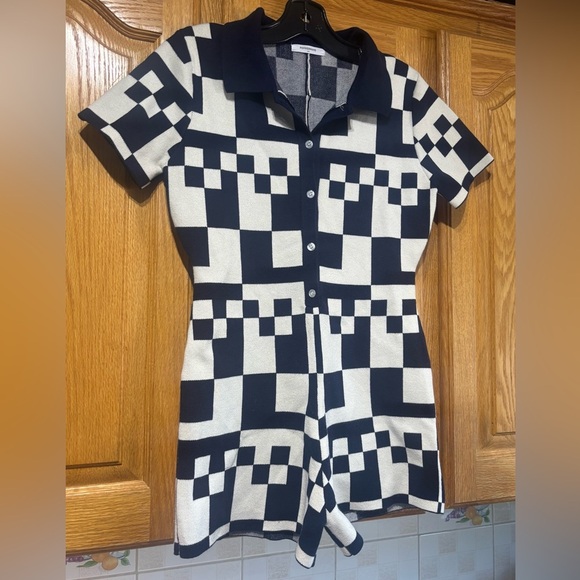Peppermayo Navy Blue and White Checkered Romper 70's Vibe S/M - Picture 5 of 9